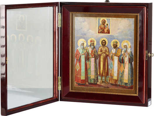 Икона Святители митрополиты Московские и всея Руси (Петр, Алексий, Иона, Филипп) и святой Алексий человек Божий Смоленская Божия Матерь